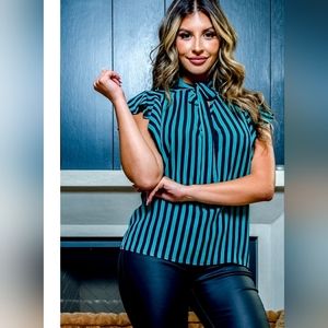 Women's STRIPED BOW TIE-NECK BLOUSE